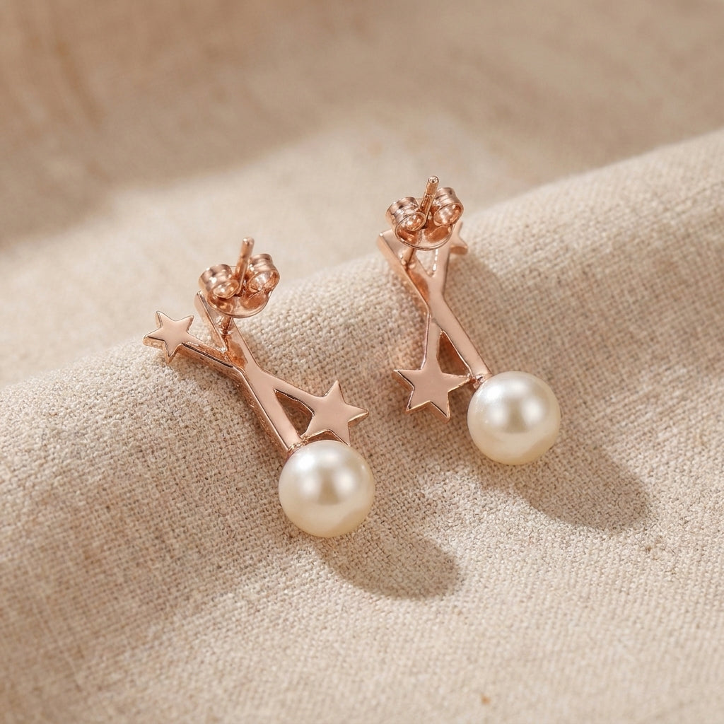 925 silver Rose Gold Star & Pearl Earrings - Real Silver Celestial Crawler Studs 234-17000