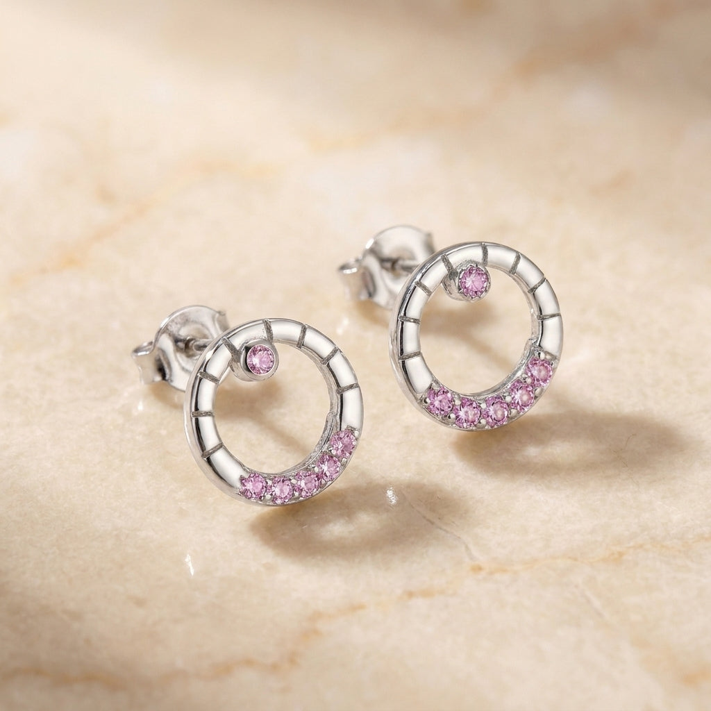 925 silver Rose Stone Earrings - Real Silver Geometric Studs 242-14000
