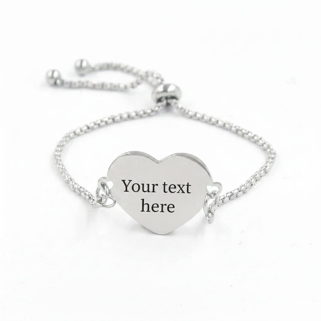 Custom photo engraved heart charm bolo bracelet in silver-toned stainless steel anti-tarnish and hypoallergenic personalized gift