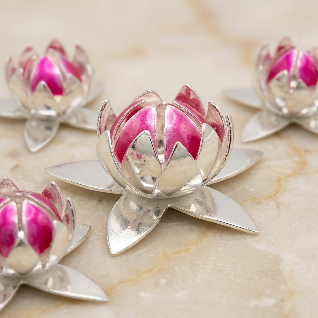 Real Silver Lotus Flower Buds with Pink Enamel 1 pc- Spiritual Return Gift - Lotus on water -54000
