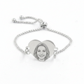 Custom photo engraved heart charm bolo bracelet in silver-toned stainless steel anti-tarnish and hypoallergenic personalized gift
