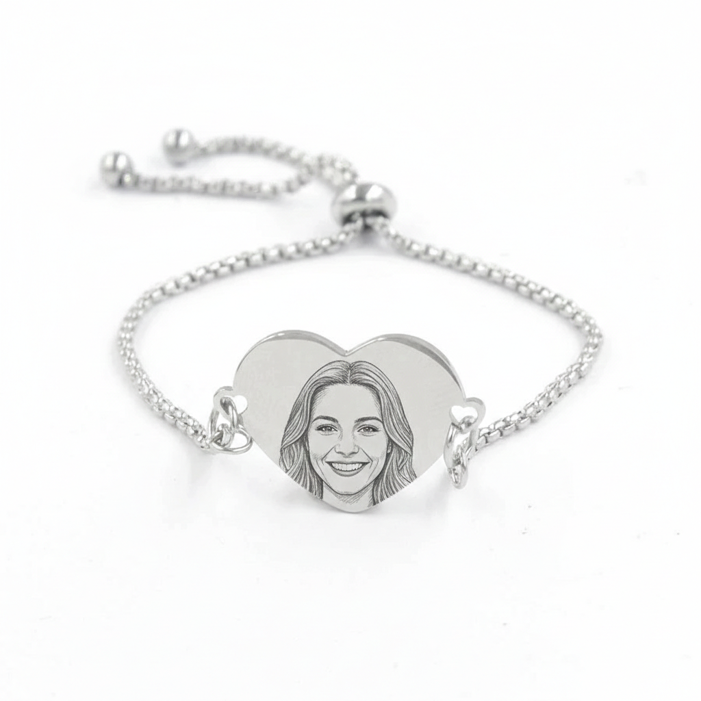 Custom photo engraved heart charm bolo bracelet in silver-toned stainless steel anti-tarnish and hypoallergenic personalized gift
