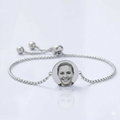 Custom photo engraved round charm bolo bracelet in silver-toned stainless steel anti-tarnish and hypoallergenic personalized gift
