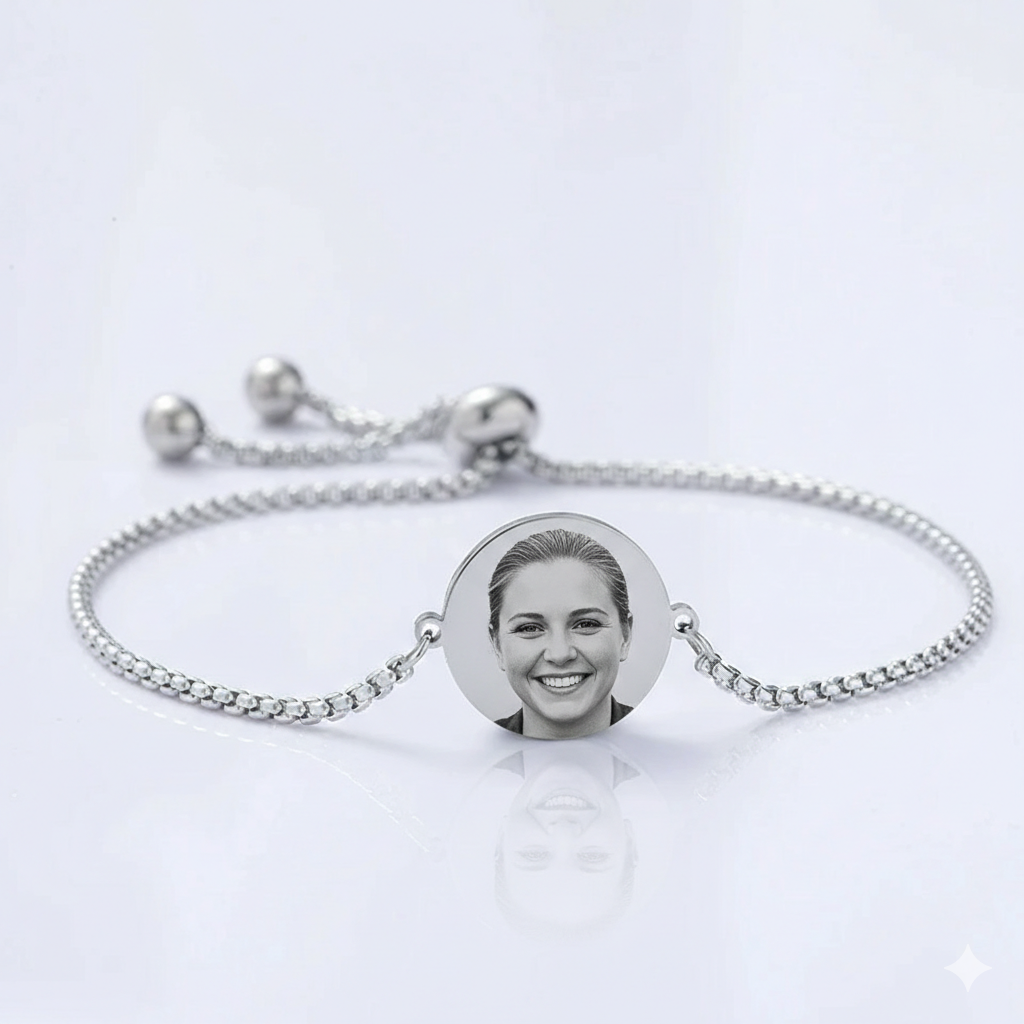 Custom photo engraved round charm bolo bracelet in silver-toned stainless steel anti-tarnish and hypoallergenic personalized gift