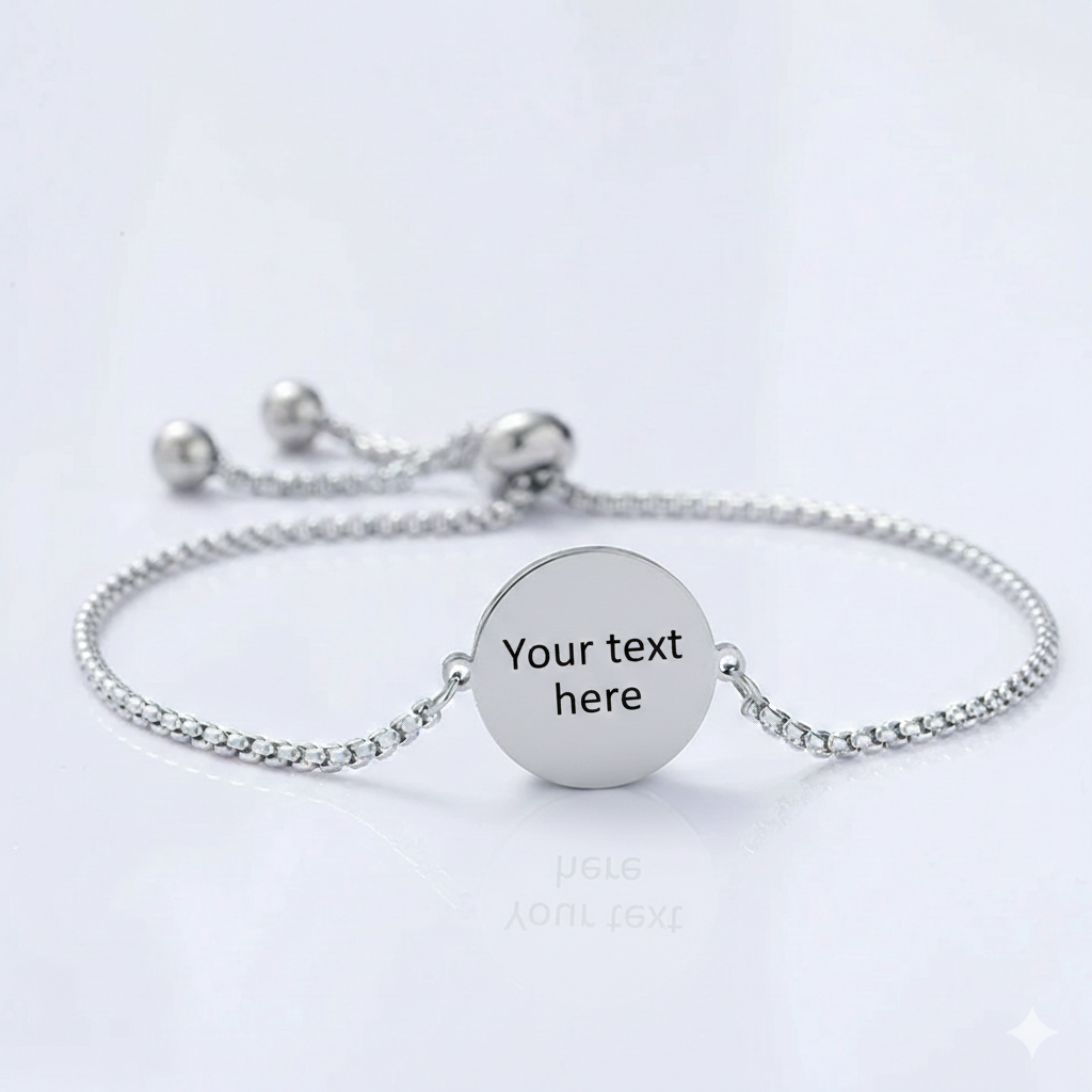 Custom photo engraved round charm bolo bracelet in silver-toned stainless steel anti-tarnish and hypoallergenic personalized gift