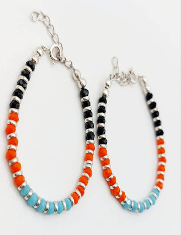 Sky Blue Orange Black Beads Bracelet - Anklet Pair S925 Silver